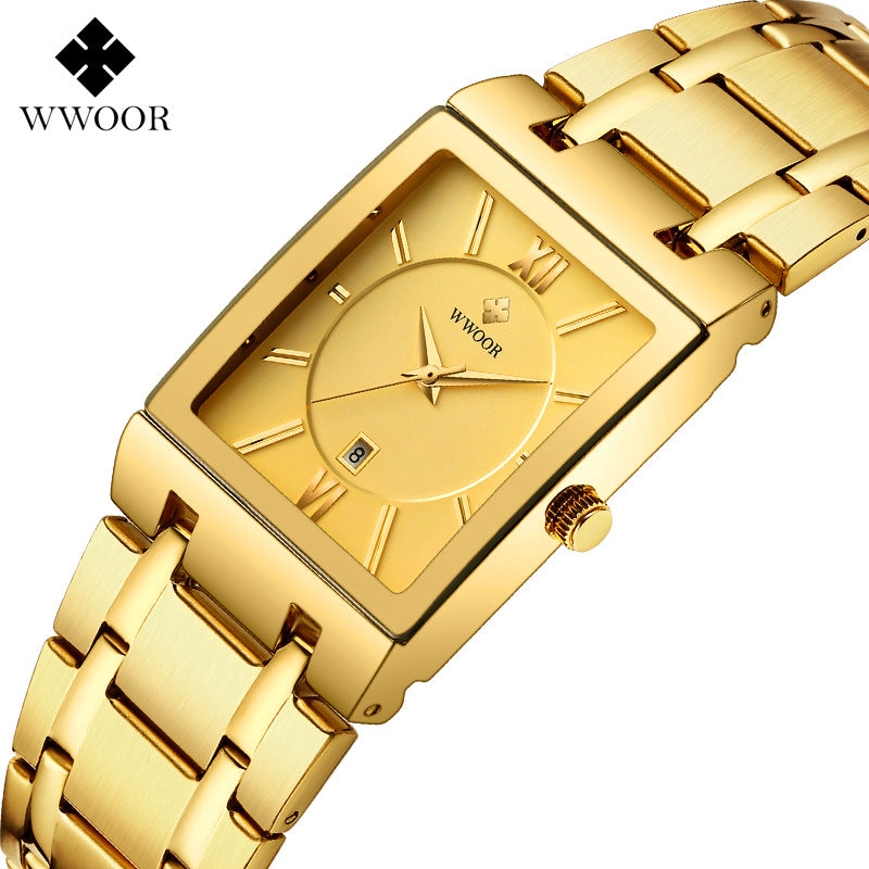 Men's Japanese Quartz Watch — Square Dial with Steel Strap and Calendar