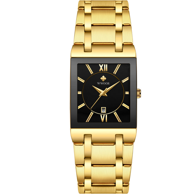 Men's Japanese Quartz Watch — Square Dial with Steel Strap and Calendar