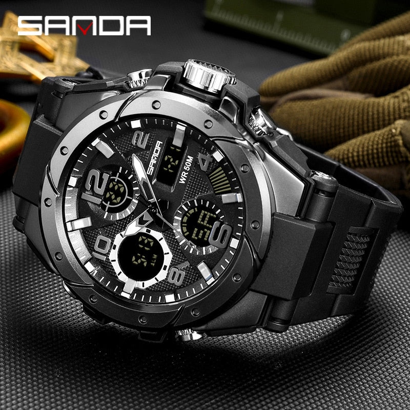 SANDA Men's Military Double Display Watch — Digital and Analog Waterproof