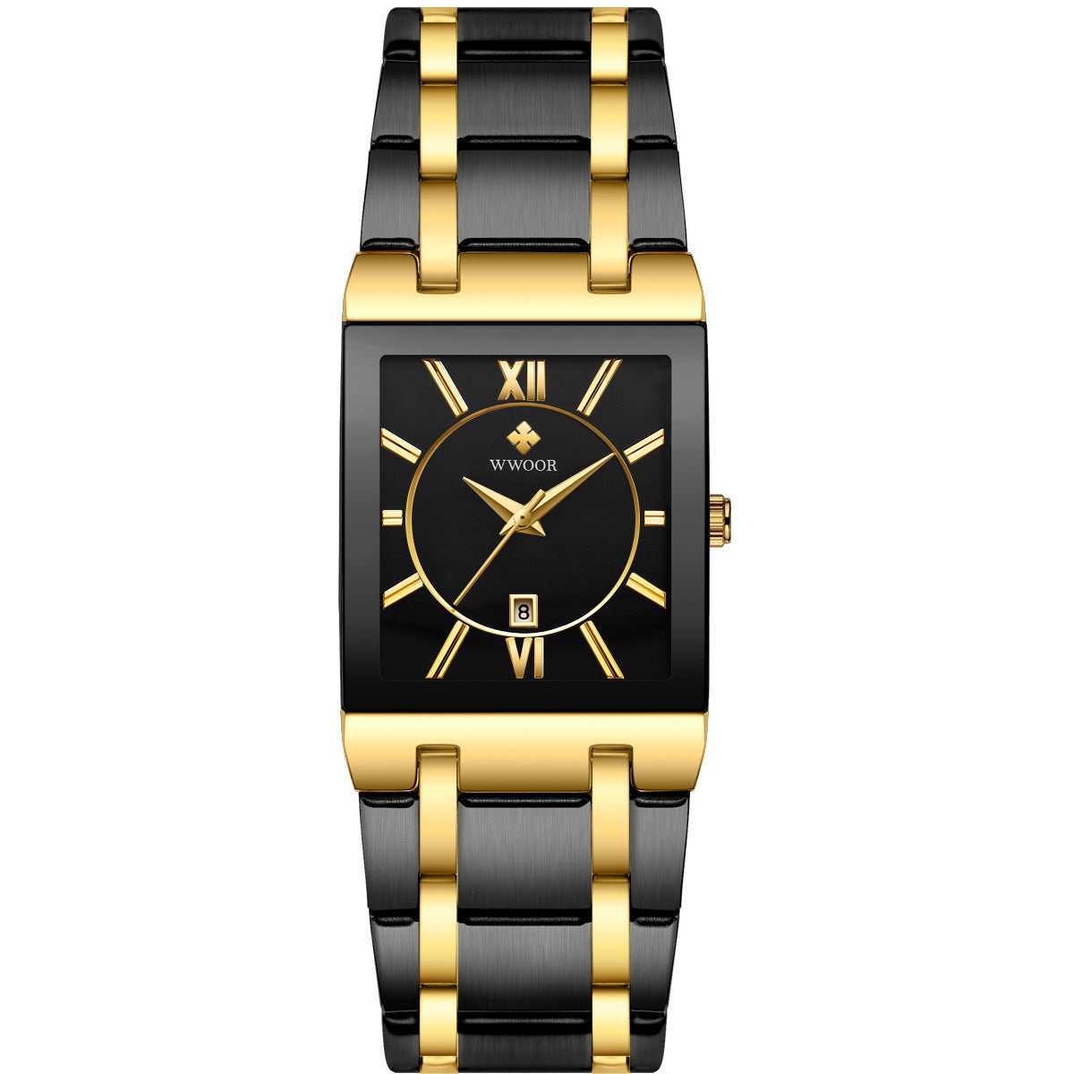 Men's Japanese Quartz Watch — Square Dial with Steel Strap and Calendar