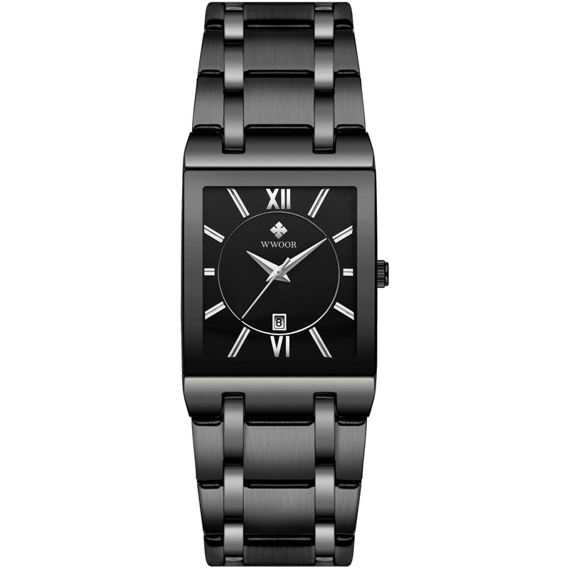 Men's Japanese Quartz Watch — Square Dial with Steel Strap and Calendar