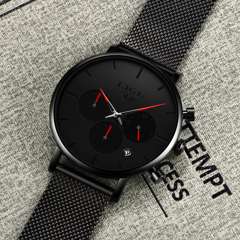LIGE Men's Watch — Ultra-Thin Quartz with Multifunctional Steel Mesh