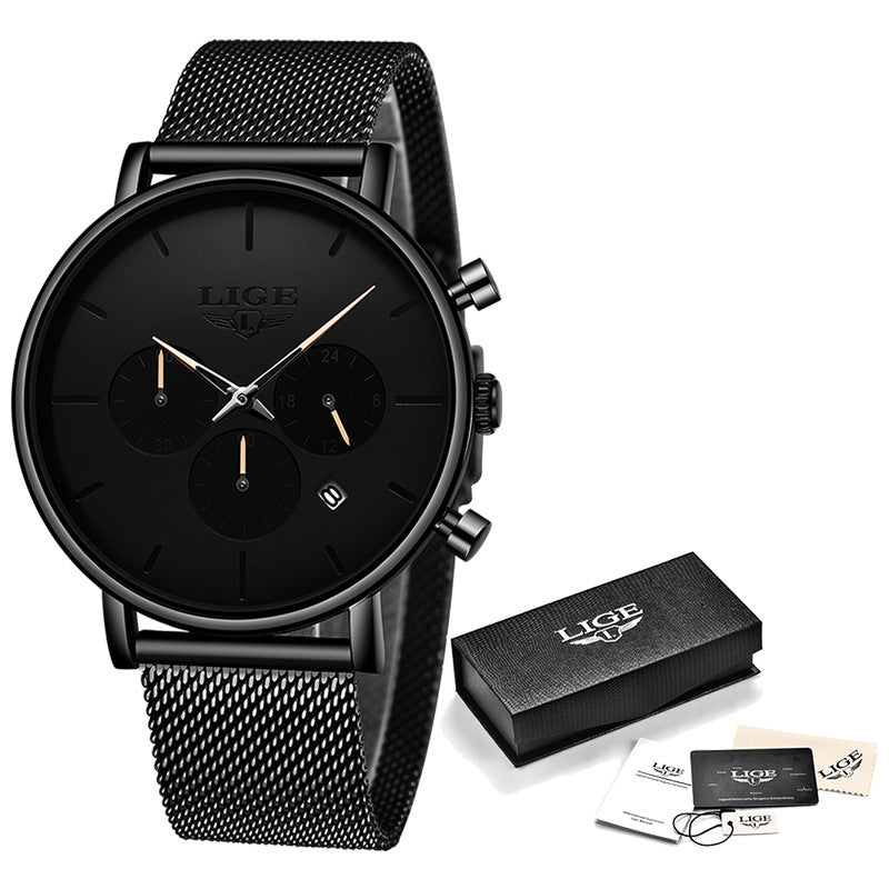 LIGE Men's Watch — Ultra-Thin Quartz with Multifunctional Steel Mesh