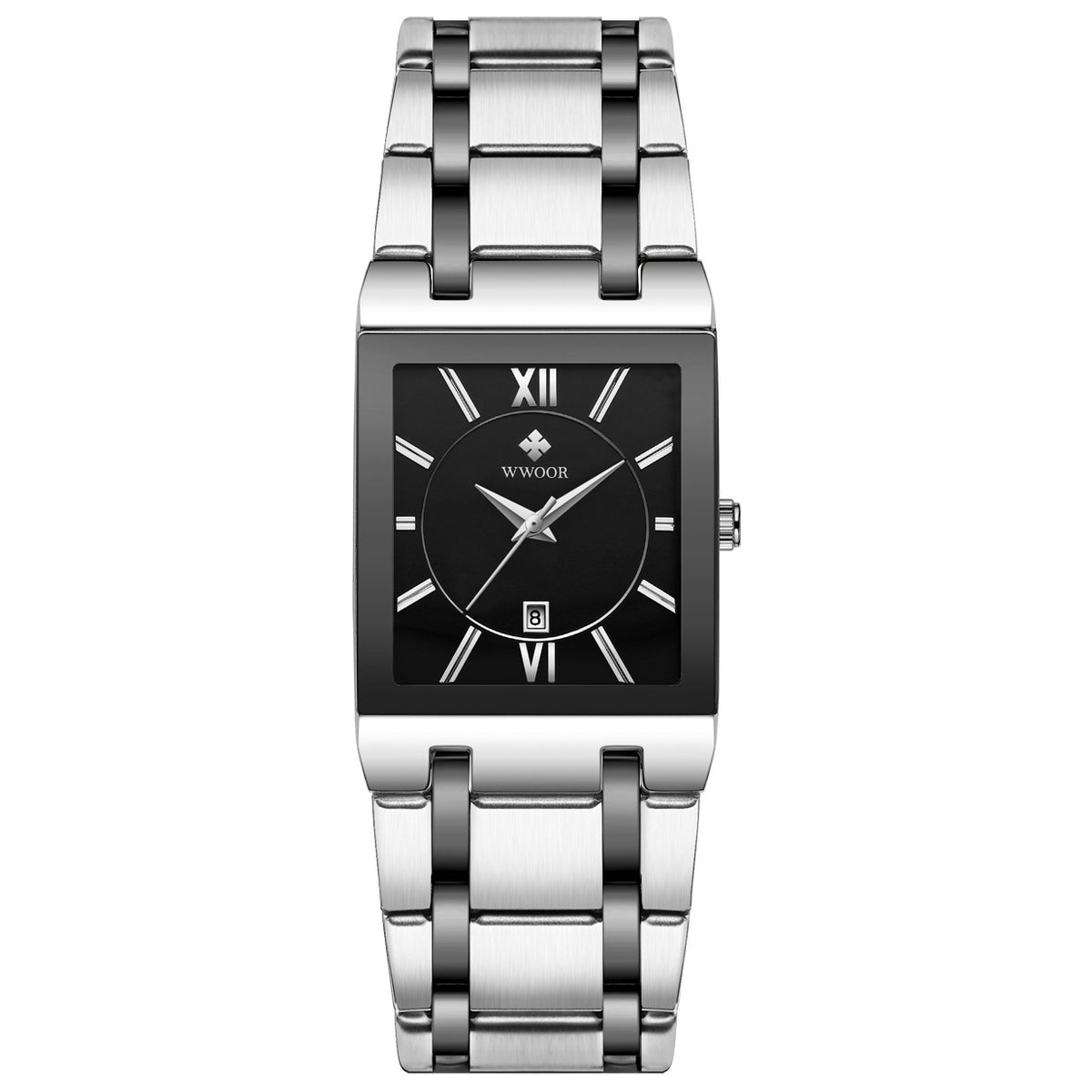 Men's Japanese Quartz Watch — Square Dial with Steel Strap and Calendar