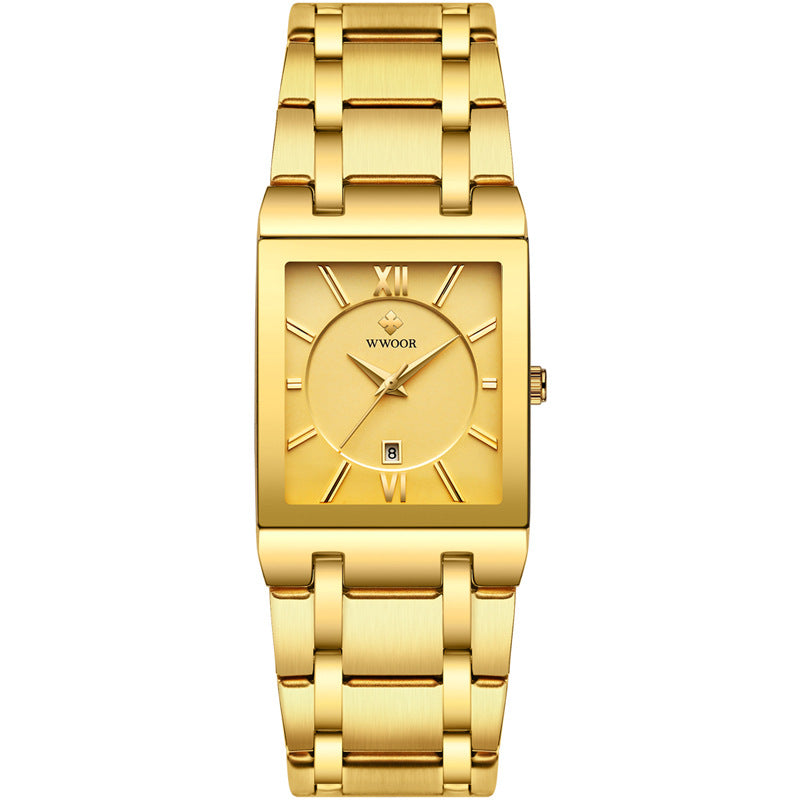 Men's Japanese Quartz Watch — Square Dial with Steel Strap and Calendar