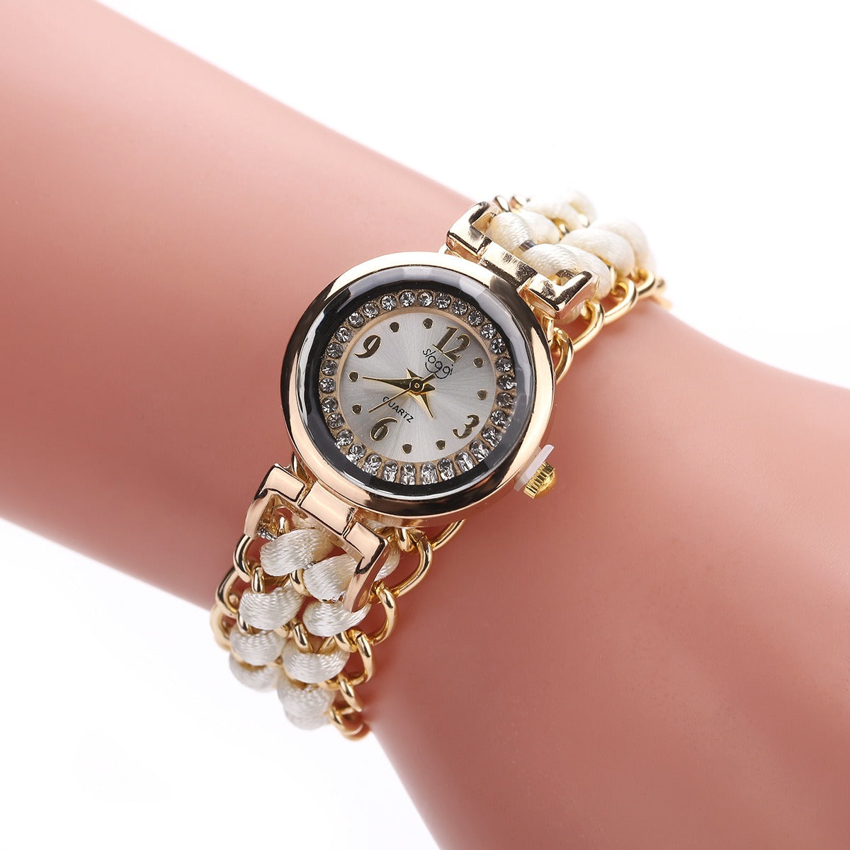 Women's Quartz Watch — Diamond Dial and Braided Rope Strap