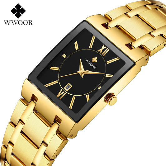 Men's Japanese Quartz Watch — Square Dial with Steel Strap and Calendar