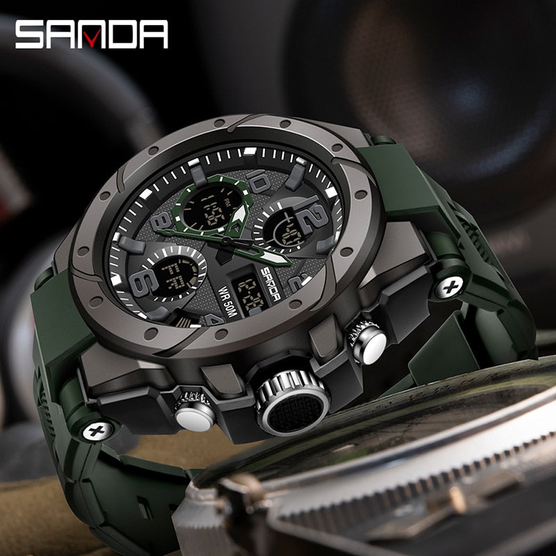 SANDA Men's Military Double Display Watch — Digital and Analog Waterproof