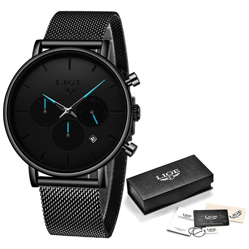 LIGE Men's Watch — Ultra-Thin Quartz with Multifunctional Steel Mesh