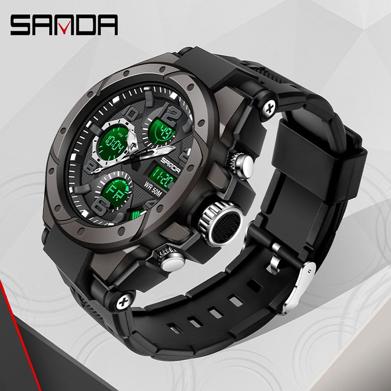 SANDA Men's Military Double Display Watch — Digital and Analog Waterproof