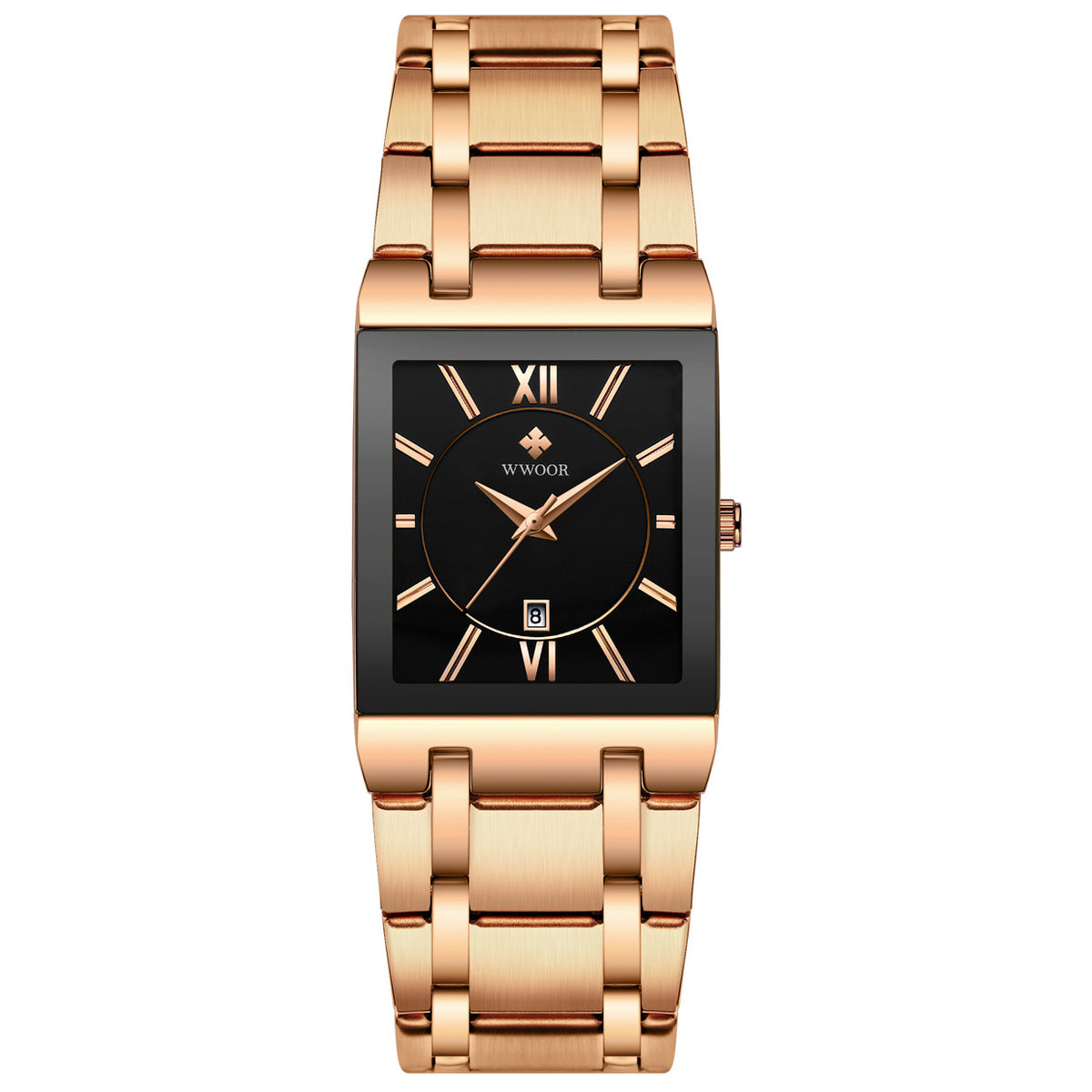 Men's Japanese Quartz Watch — Square Dial with Steel Strap and Calendar