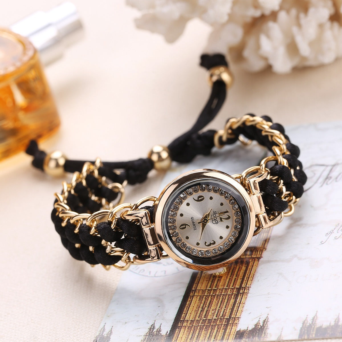 Women's Quartz Watch — Diamond Dial and Braided Rope Strap