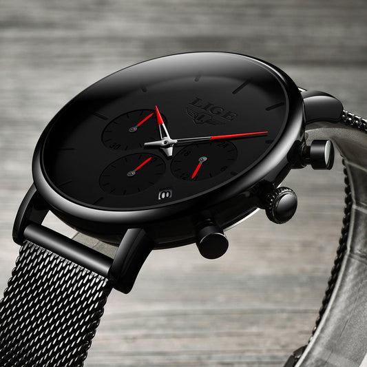 LIGE Men's Watch — Ultra-Thin Quartz with Multifunctional Steel Mesh