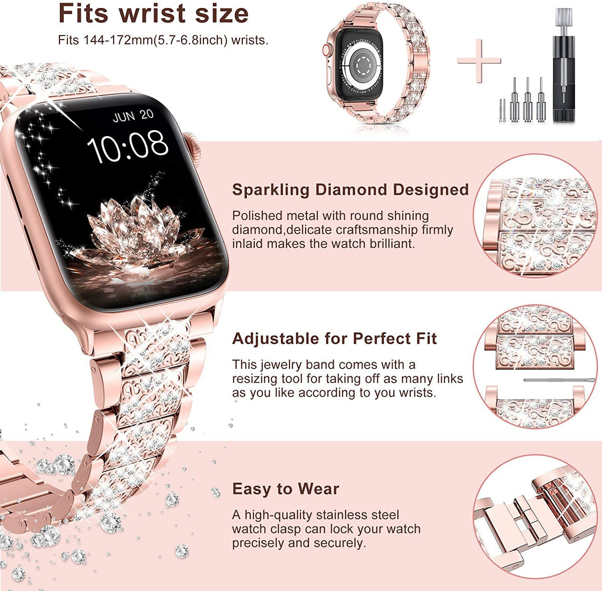 Metallic Diamond Strap for Apple Watch — Zinc Alloy 3-Link
