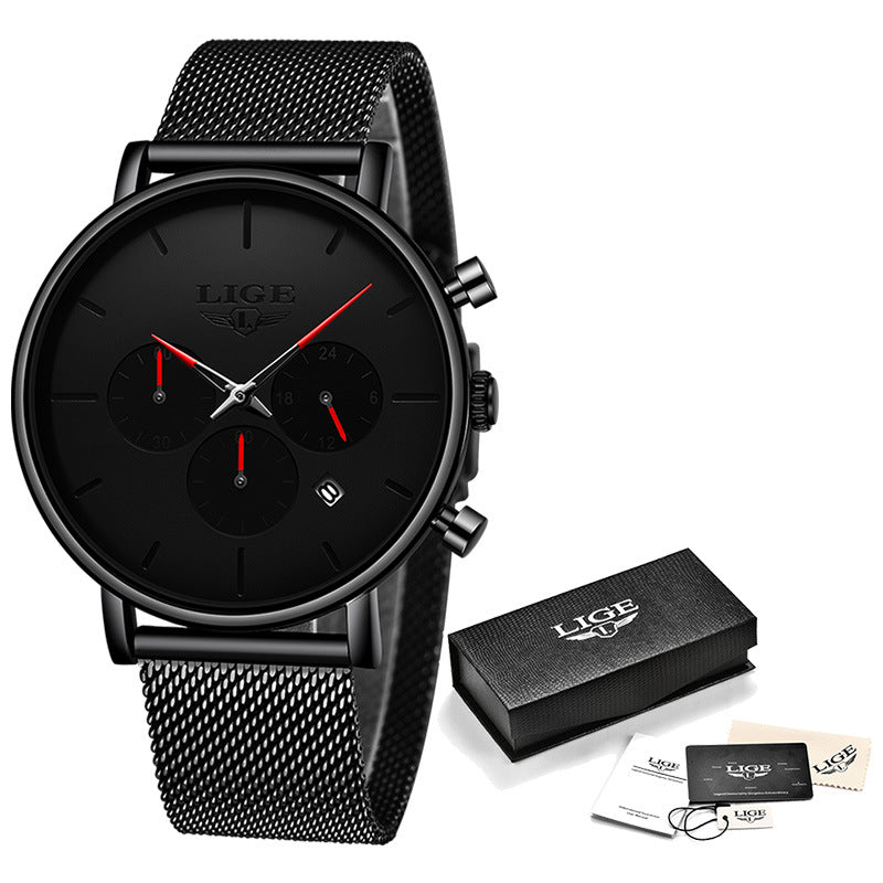LIGE Men's Watch — Ultra-Thin Quartz with Multifunctional Steel Mesh