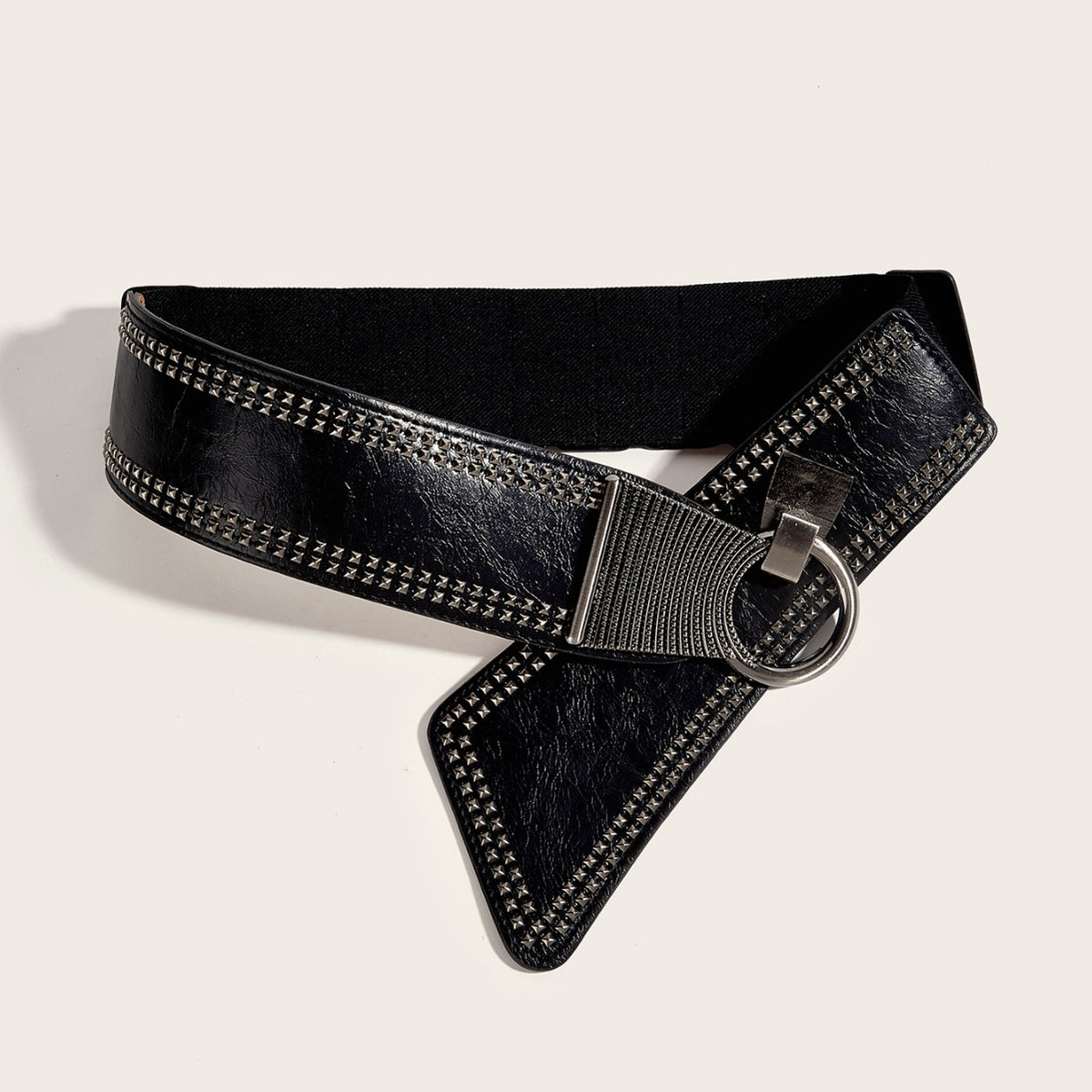 Cinturón Elástico con Tachas para Mujer — PU Negro 6cm