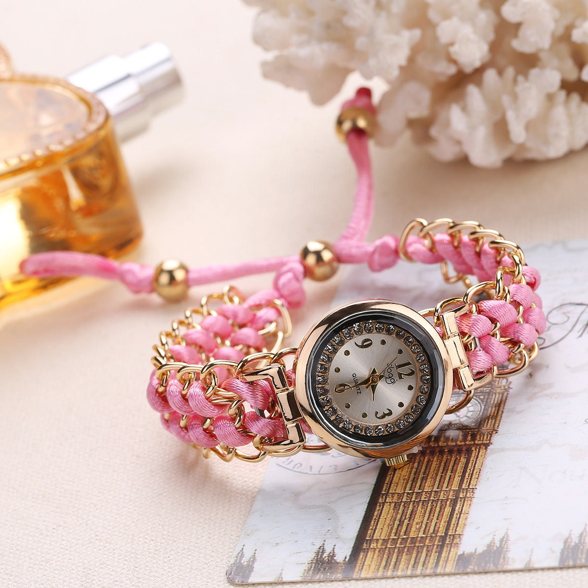 Women's Quartz Watch — Diamond Dial and Braided Rope Strap