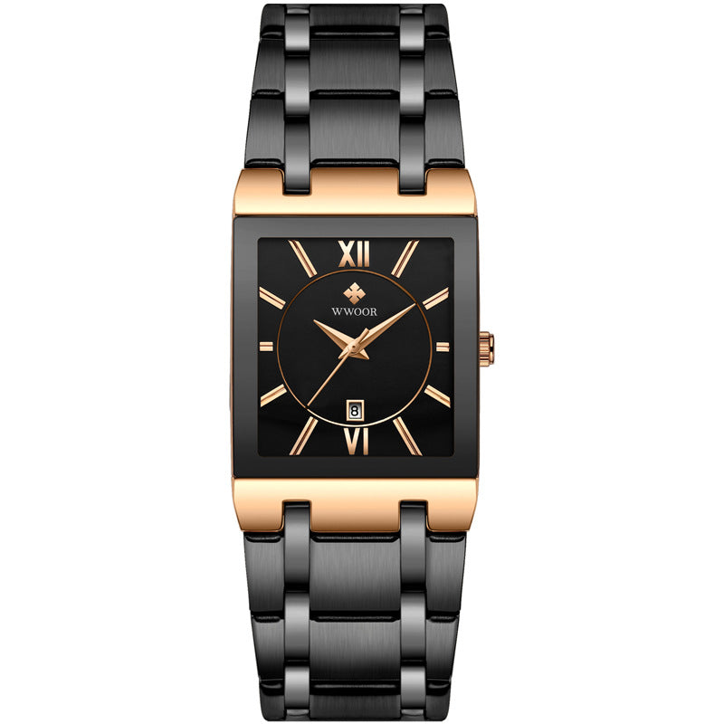 Men's Japanese Quartz Watch — Square Dial with Steel Strap and Calendar